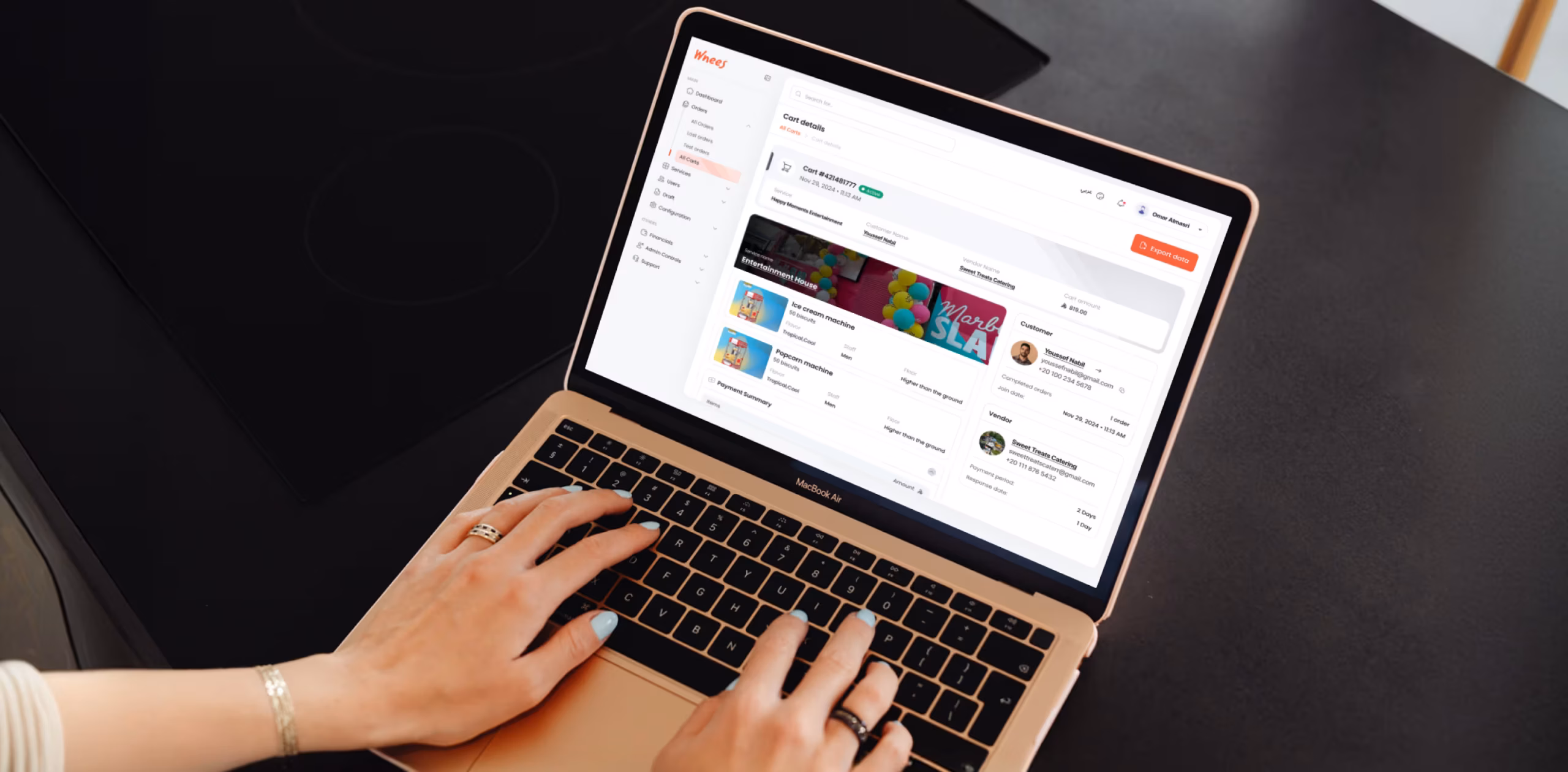 Wnees admin panel: order management screen in Arabic RTL layout